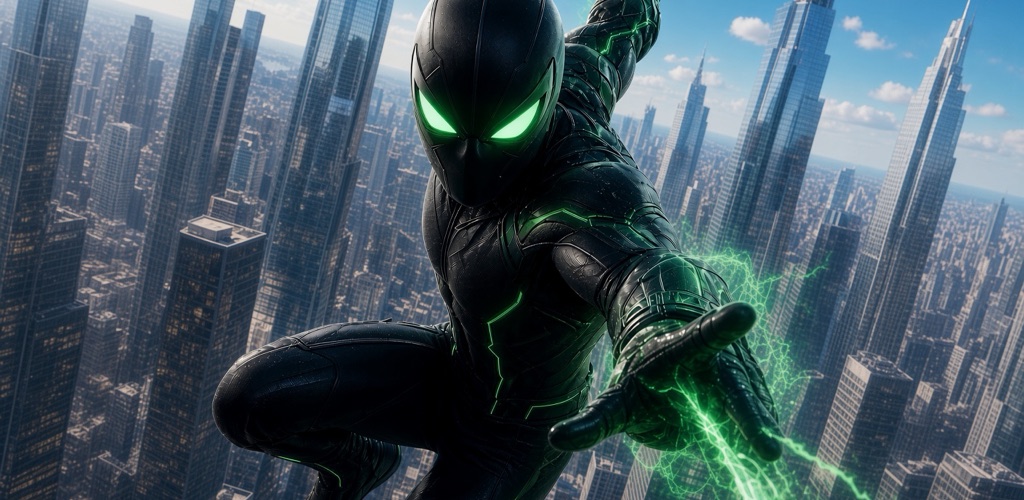 Spider Hunter key art: the hero mid-swing above a dense city skyline, emerald web energy trailing from one hand.